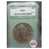 1883-O Morgan silver dollar. NTC MS-66.