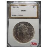 1881-S Morgan silver dollar. PCI MS-65.