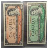 1954 Canadian $1 & $2 bills. Slight offset on bot
