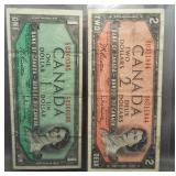 1954 Canadian $1 & $2 bills. Beatie and Raminsky.