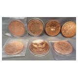 (7) One ounce Copper rounds of various designs.