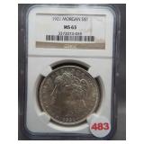 1921 Morgan silver dollar. NGC MS63.