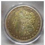 1893-CC Morgan silver dollar. Nice toning.