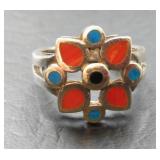 Sterling Silver Turquoise & Red Coral Ring
