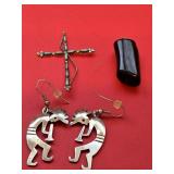 Sterling Silver Kokopelli Earrings, Black Stine