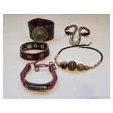 (3) Leather Bracelets,  Wooden Beaded Necklace,