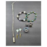 Faux Pearl Drop Necklace; Green Stone Abstract