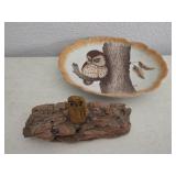 Hand Painted Owl Plate + Owl Figurine
