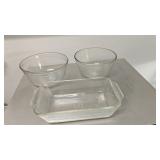 (2) Pyrex Mixing Bowls & (1) Fire King Baking Tray