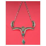 14" Sterling Silver Necklace with Carved Malachite