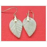 14K Carved Jade Leaf Earrings 2.7 Grams