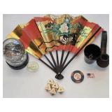 (5) 8-Sided Dice, Hand Fan, Old Pipe, Dragon S