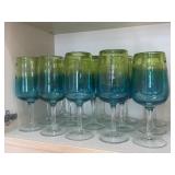 (15) Hand Blown Teal Blue Crackle Fluted Wine
