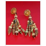 Gilt Dangle Earrings with Coral and Faience Beads