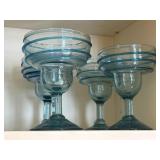 (4) Hand Blown margarita glass with an aqua swirl