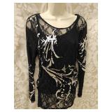 Lynn Ritchie Silver Black Lace Ruched Blouse Sz