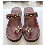 Sz 8 Handmade Brown Leather Sandals with Cowrie