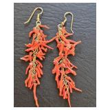 Natural Red Coral Branch Dangle Earrings with