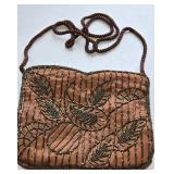 Small Brown Beaded Satin Evening Bag with a