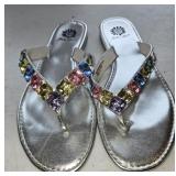 Sz 7.5 Yellow Box Silver Thong Sandals with
