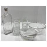 Old Owens Glass Bottle, 3 Glass Cups & 2 Glass