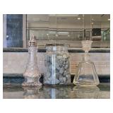 Glass Powder Dispenser, Jar w/Green Rocks &