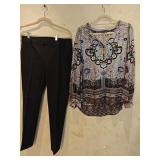 Sz 8/MD Hale Bob Silk Blouse & Ecru Stretch Pants