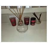 (4) Candles, (2) Diffuser Bottles & Footed Candle