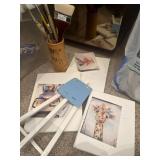 (3) Canvases, Vase with Brushes & Display Easel