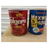 Two vintage coffee cans full of hardware