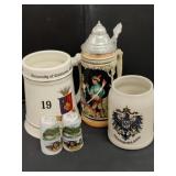 Beer Steins (3) & salt And Pepper Shakers