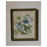Framed CrossStiched Green and Blue Floral WallArt