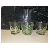 Hand Painted Fern Carafe & (2) Cups