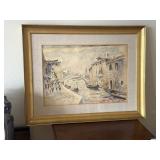 27" x 21" Vtg Watercolor Venetian Canal Scene