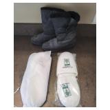 A pair of boots and two pairs of slippers