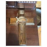 Cross Handcrafted wood w/metal ichthys symbol