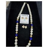 Blue, Gold & White Necklace + (2) New Prs Earrings