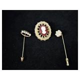 Cameo Brooch & (2) Faux Pearl Hat Pins & Cameo