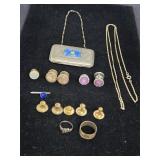 Antique Compact w/Chain, Assorted Cufflinks
