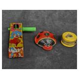 (2) Vintage Metal Toys + Yellow Wooden Spool