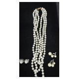 3 Strand Faux Pearl Necklace & (2) Pr Earrings