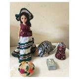 Doll, Stuffed Armadillo, Mosaic Glass Bell & More