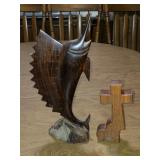 Wooden Carved Sail Fish & Wooden Cross w/Heart
