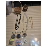 Assorted Jewelry, Small Basket, Sewing Notions &