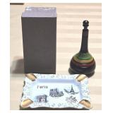 Vtg Ashtray from Paris, NIB Wooden Genie Bottle