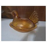 Vintage Indiana Glass Company Amber Hen on a n