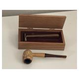 Gold Tone Razor Housed in Wooden Box & Corn Cob