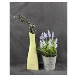 Faux Flowers in Ceramic Vase & Metal Tin Pot