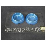 Dog Food Mat & (2) Small Bowls