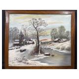 27' x 23' VTG Framed Oil Painting Snow Winter